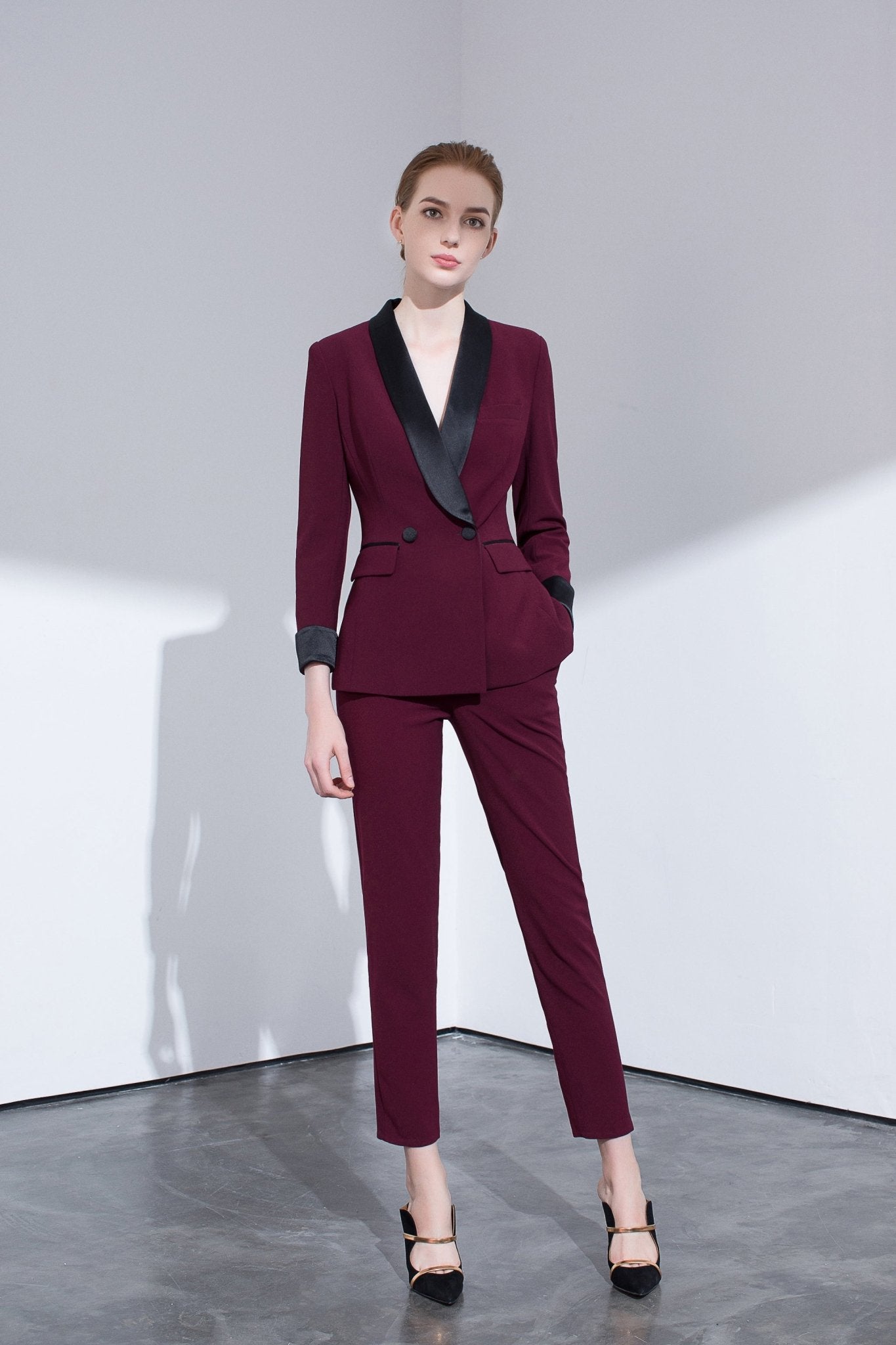 Burgundy Tailored Suit With Contrasting Satin Lapel