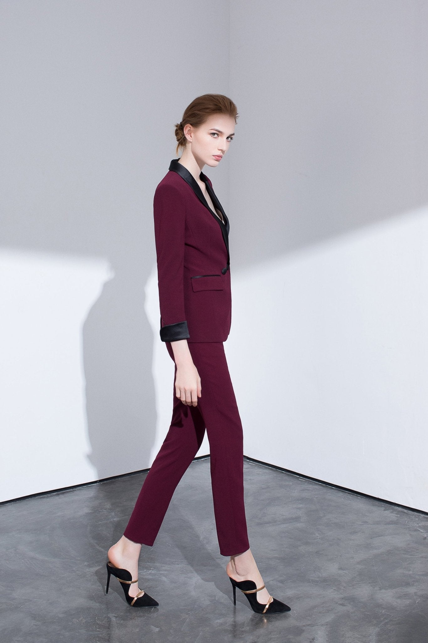 Burgundy Tailored Suit With Contrasting Satin Lapel