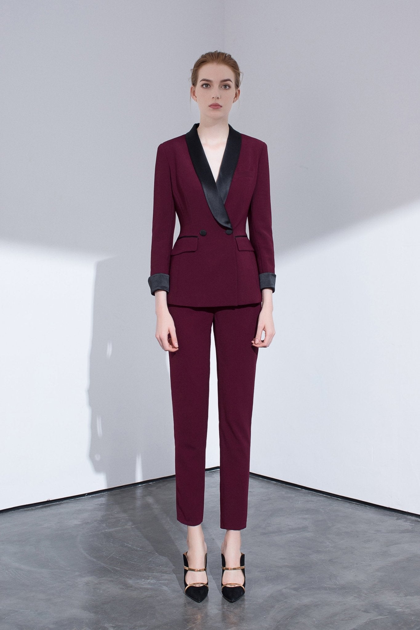 Burgundy Tailored Suit With Contrasting Satin Lapel