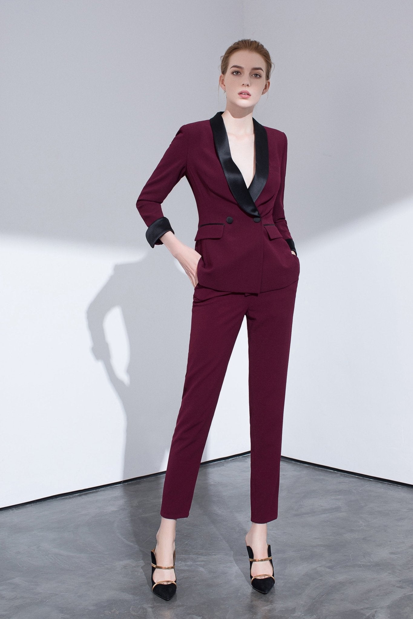 Burgundy Tailored Suit With Contrasting Satin Lapel