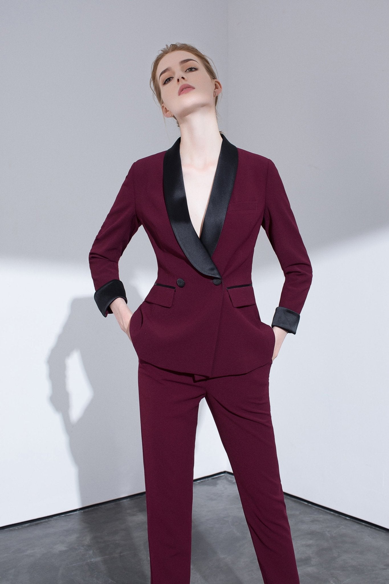 Burgundy Tailored Suit With Contrasting Satin Lapel